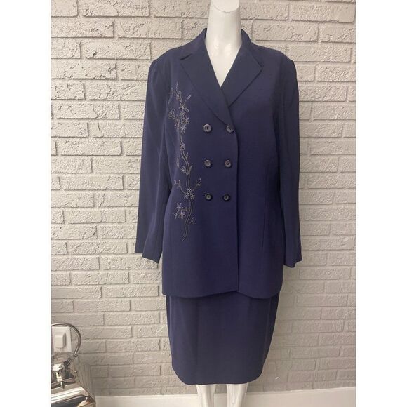 Kasper ASL Double Breasted Embroidered Skirt & Jacket 2 Pcs Suit Set Size 12 - Picture 1 of 12
